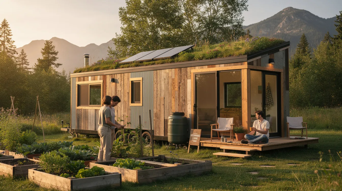 The image showcases a cozy tiny house surrounded by nature, emphasizing sustainable living with its stylish design and use of sustainable materials. This compact home is a perfect representation of the tiny house movement, promoting a minimalist lifestyle and a connection to the natural beauty of its location.