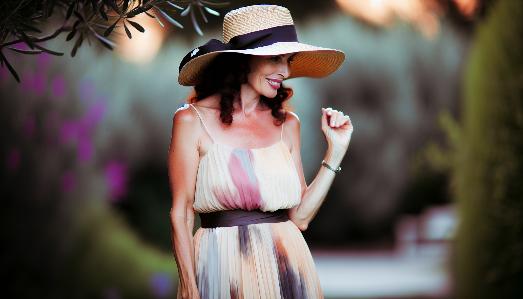 A woman wearing a classic straw hat at a summer event
