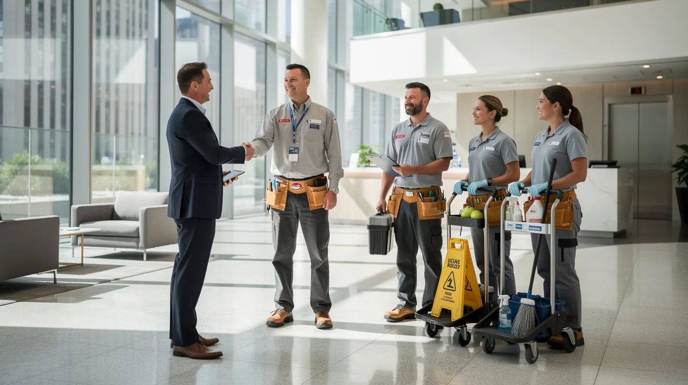 In a modern building lobby, a property manager is shaking hands with various service vendors, including maintenance workers and cleaning crew members, highlighting the importance of effective vendor management for operational efficiency and strong vendor relationships in property management. This interaction emphasizes the significance of vendor performance monitoring and the vendor management process in ensuring high service quality and tenant satisfaction.