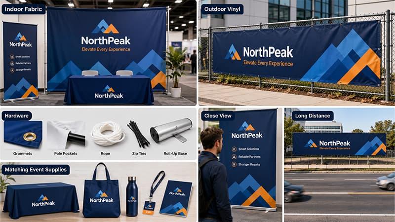 Custom banner production guide showing indoor fabric banners, outdoor vinyl banners, banner hardware, matching event supplies, and viewing distance.