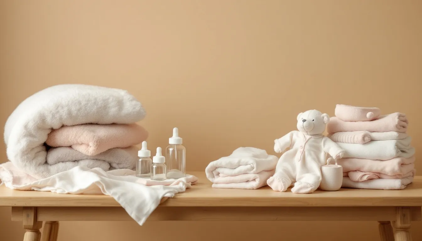 A beautifully arranged collection of baby essentials is displayed, featuring soft blankets, bottles, and adorable baby clothes, making it a perfect baby shower gift or gift basket for new parents. This thoughtful assortment brings joy and practicality to celebrate the arrival of a new baby.