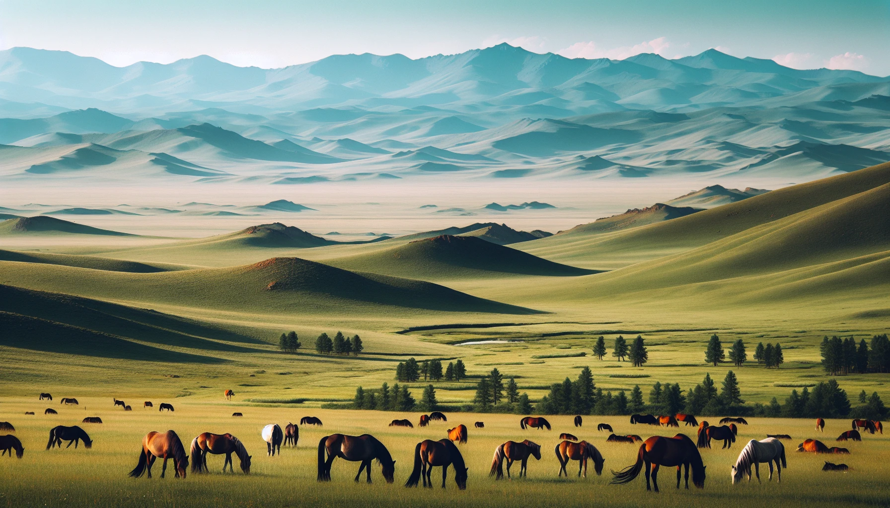 Vast Mongolian Steppe landscape with wild horses grazing