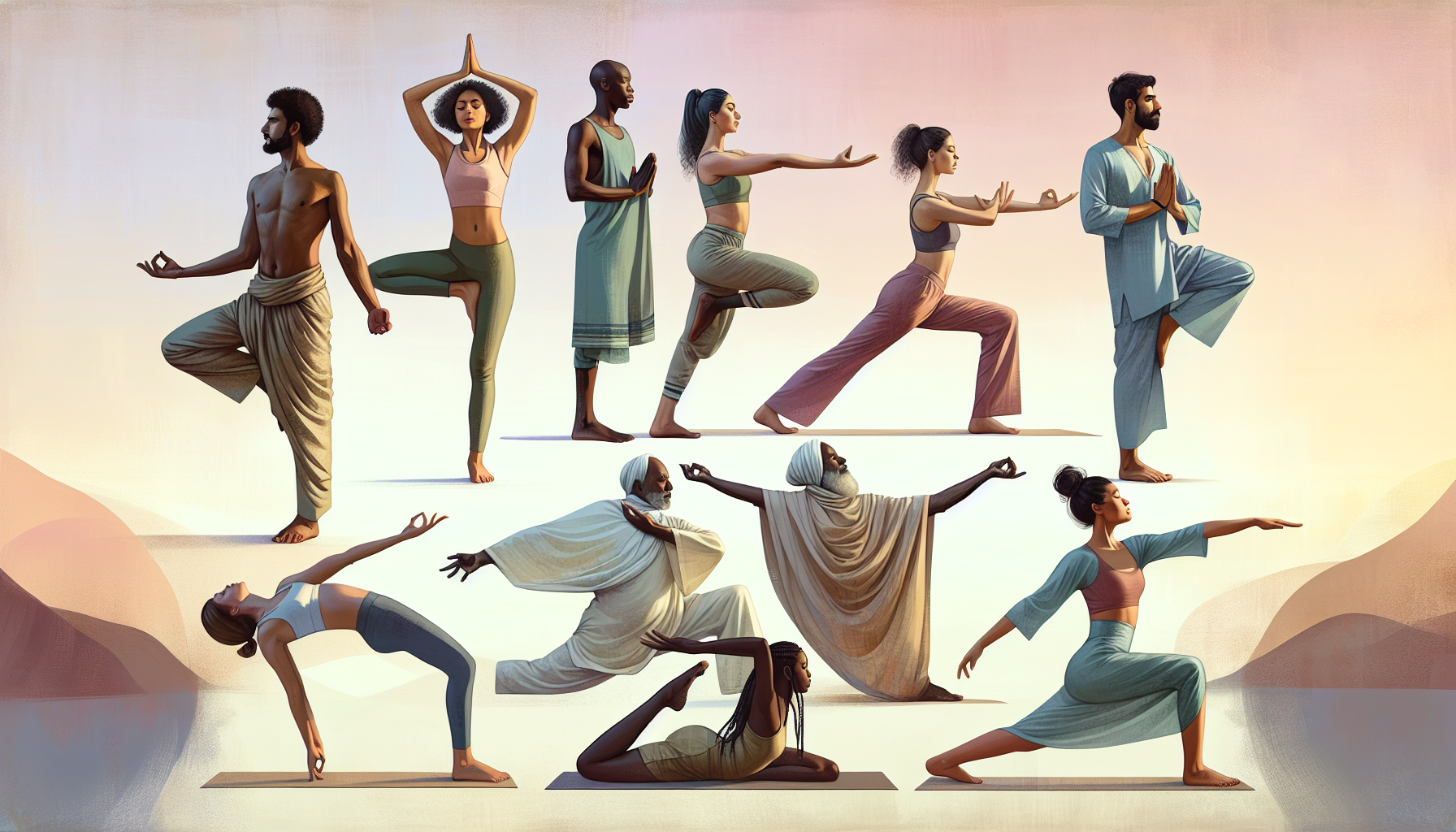 Illustration of various yoga postures