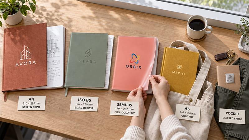 Custom A4, ISO B5, semi-B5, A5, and pocket notebooks displaying screen-printed, debossed, UV-printed, gold-foil, and laser-engraved fictional logos.