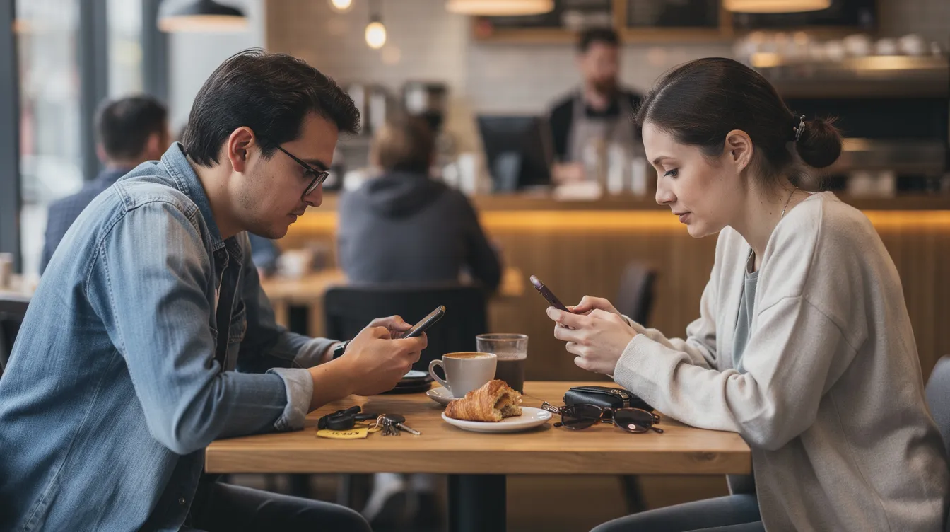The image shows two people sitting across from each other at a coffee shop, both engrossed in their phones instead of engaging in conversation, highlighting a common bad date sign where they seem to be on very different wavelengths, possibly due to their focus on dating apps rather than connecting in real life. This scene illustrates how a lack of effort to communicate can lead to a boring and unfulfilling first date experience.