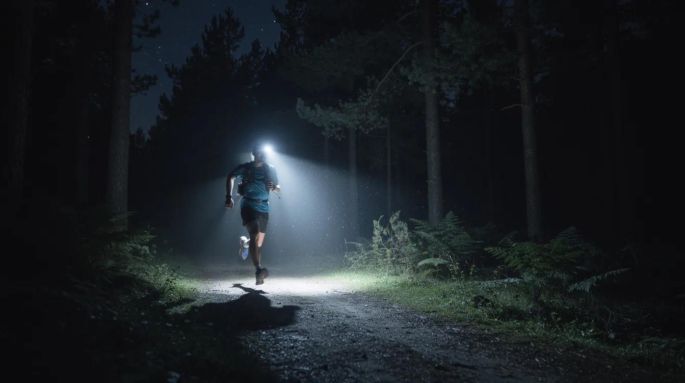A trail runner navigates through a dark forest at night, their path illuminated by a bright headlamp beam. The headlamp, designed for outdoor use, features a comfortable fit and adjustable headband, ensuring hands-free visibility as they conquer the trail.