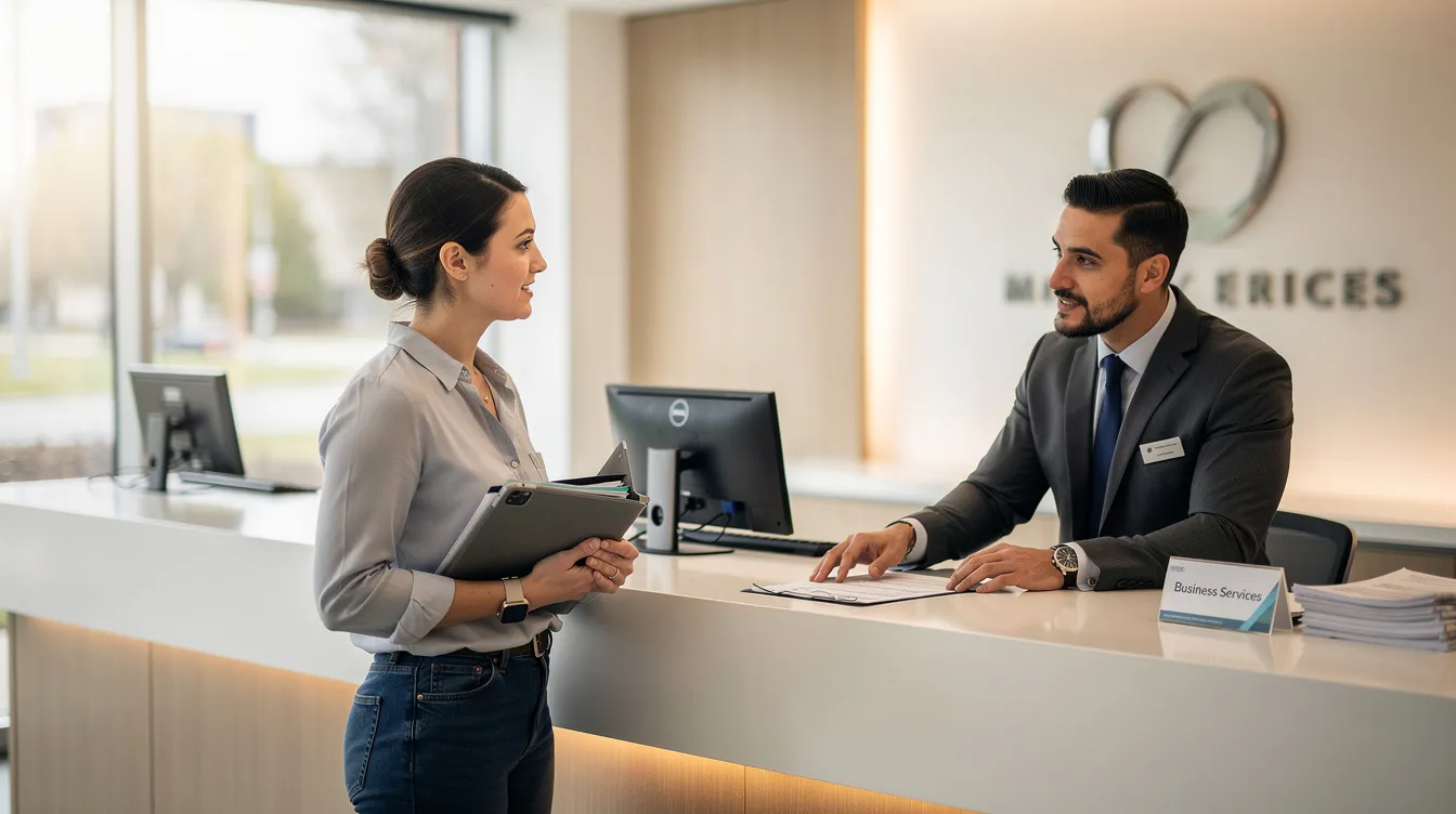 3b8604cf b205 49d2 9e03 c2ed0f6a2977 The image shows a small business owner engaged in conversation with a bank officer at a bank counter, discussing the details of a mudra loan application for financial assistance. The interaction highlights the importance of business plans and previous loan repayment history in securing funding for small enterprises.
