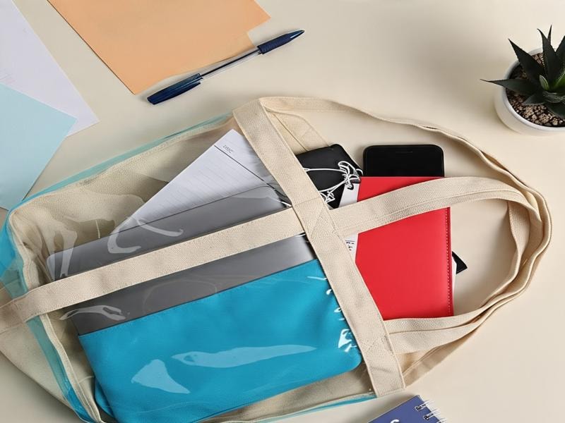 A transparent tote bag with a laptop and other items inside, placed on a table surrounded by books, a flower pot, and other objects.