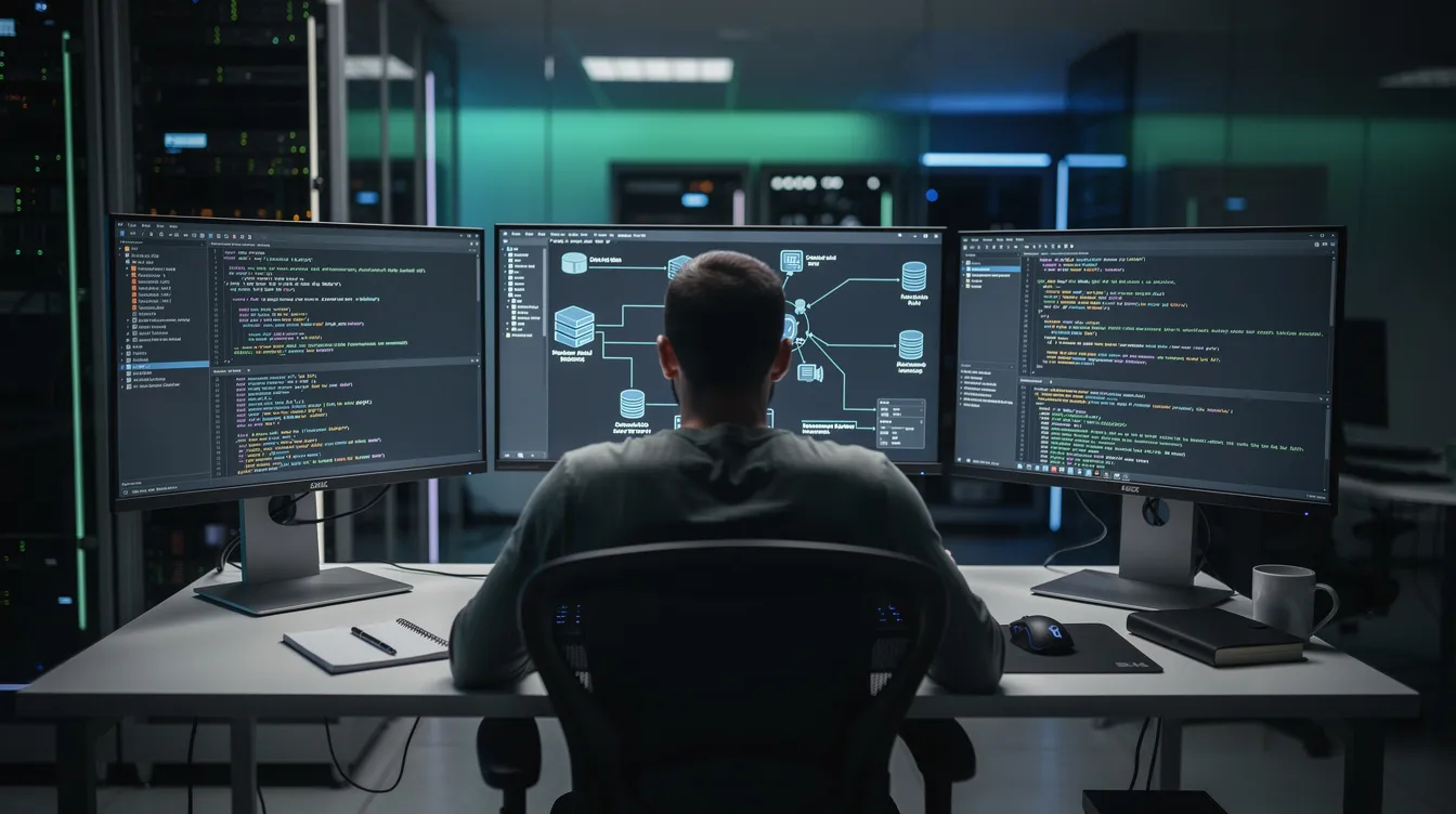 A cybersecurity professional is seated at a desk, surrounded by multiple monitors displaying terminal windows and detailed network diagrams, as they assess potential security risks and analyze cyber threats. This scene highlights the critical work of security analysts in managing network security and ensuring the protection of sensitive data against cyber attacks.