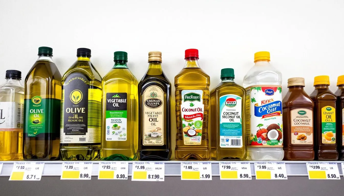 The image displays a grocery store shelf lined with various bottles of cooking oils, including sesame oil and avocado oil, each with visible price tags. The diversity of oils, such as olive oil, canola oil, and peanut oil, highlights options for high heat cooking methods and their respective health benefits.
