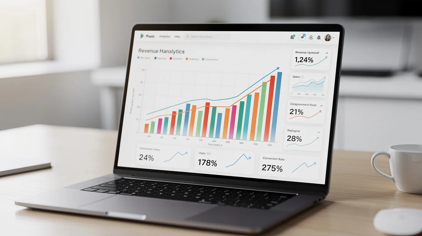 The image shows a laptop screen featuring an analytics dashboard filled with vibrant bar charts and line graphs that illustrate growth metrics, likely related to SEO services and digital marketing strategies. This visual representation highlights key performance indicators that can enhance online visibility and improve search rankings for local businesses in Gainesville.
