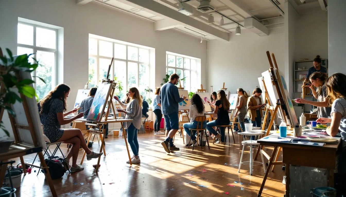 In a bright art center studio, students are engaged in painting at easels, showcasing their artistic expression. The vibrant atmosphere fosters creativity and community engagement, reflecting Marco Island's commitment to visual and performing arts education.