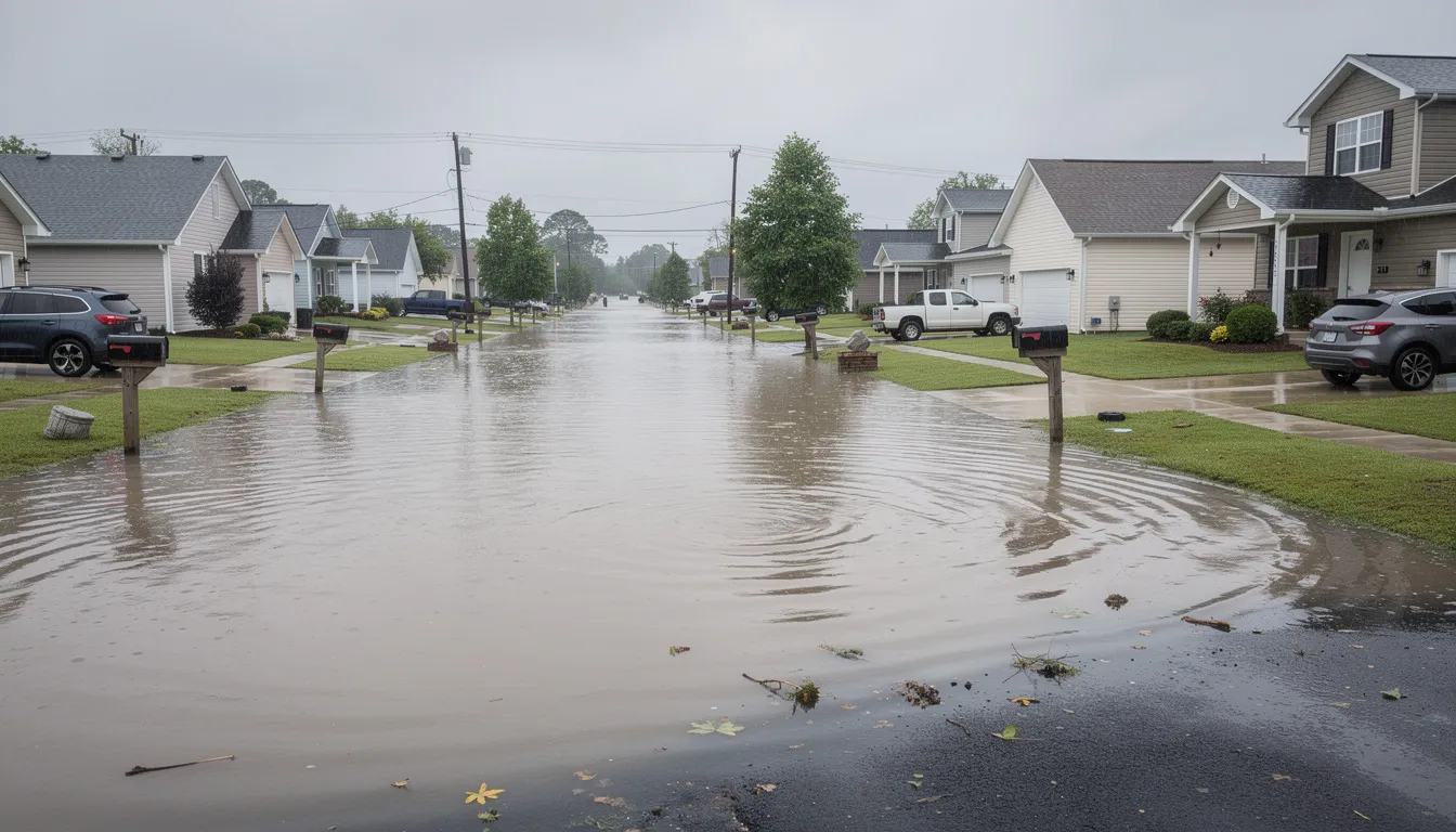 The image depicts a flooded residential street with standing water covering the road and encroaching onto home lawns, highlighting the impact of a flood event on property and infrastructure. This scene emphasizes the importance of flood insurance and preparedness in flood-prone areas to mitigate potential flood damage.