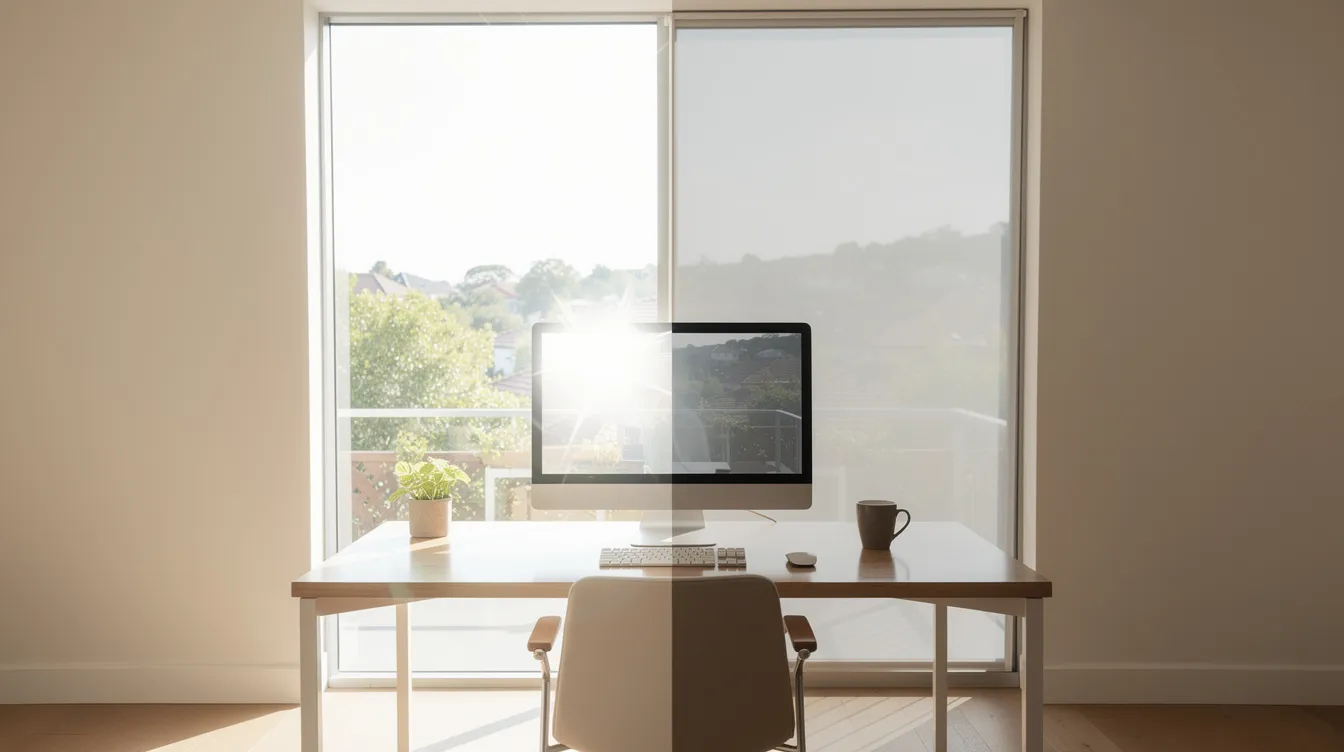 The image depicts a bright home office featuring large windows, with one side showing glare on a computer screen while the other side is equipped with tinted film that effectively eliminates glare. This setup highlights the importance of solar energy solutions in residential spaces, showcasing how renewable energy innovations can enhance comfort and productivity in a home office environment.
