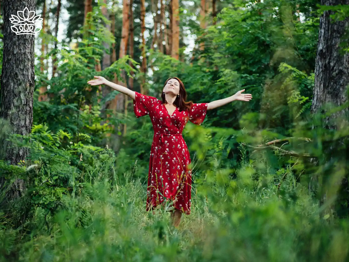 A woman in a red dress with arms outstretched in a forest, embracing nature and promoting health. Fabulous Flowers and Gifts - Health and Wellbeing Collection.