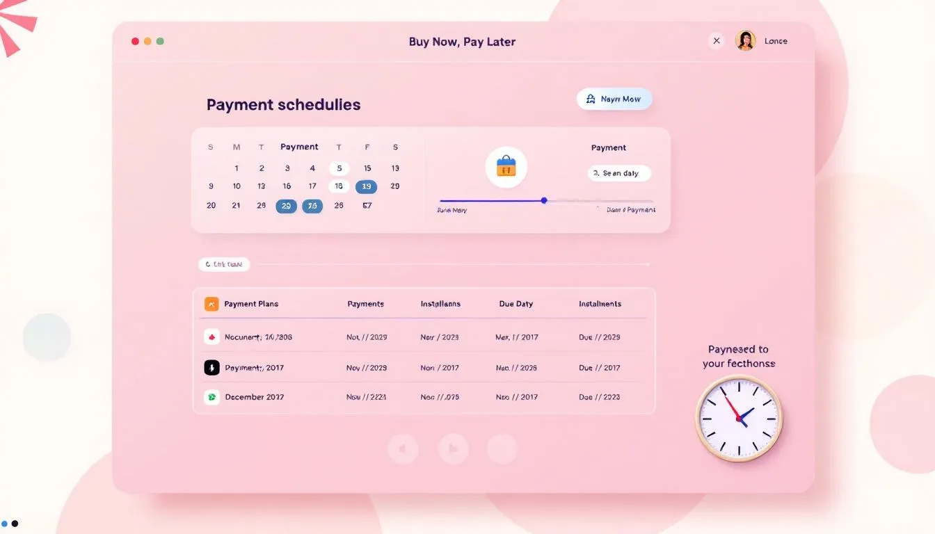 The image depicts a modern BNPL platform interface showcasing various payment scheduling options, including flexible payment plans and installment payments. This user-friendly design emphasizes features like payment reminders and secure transactions, enhancing the overall user experience for BNPL app users.
