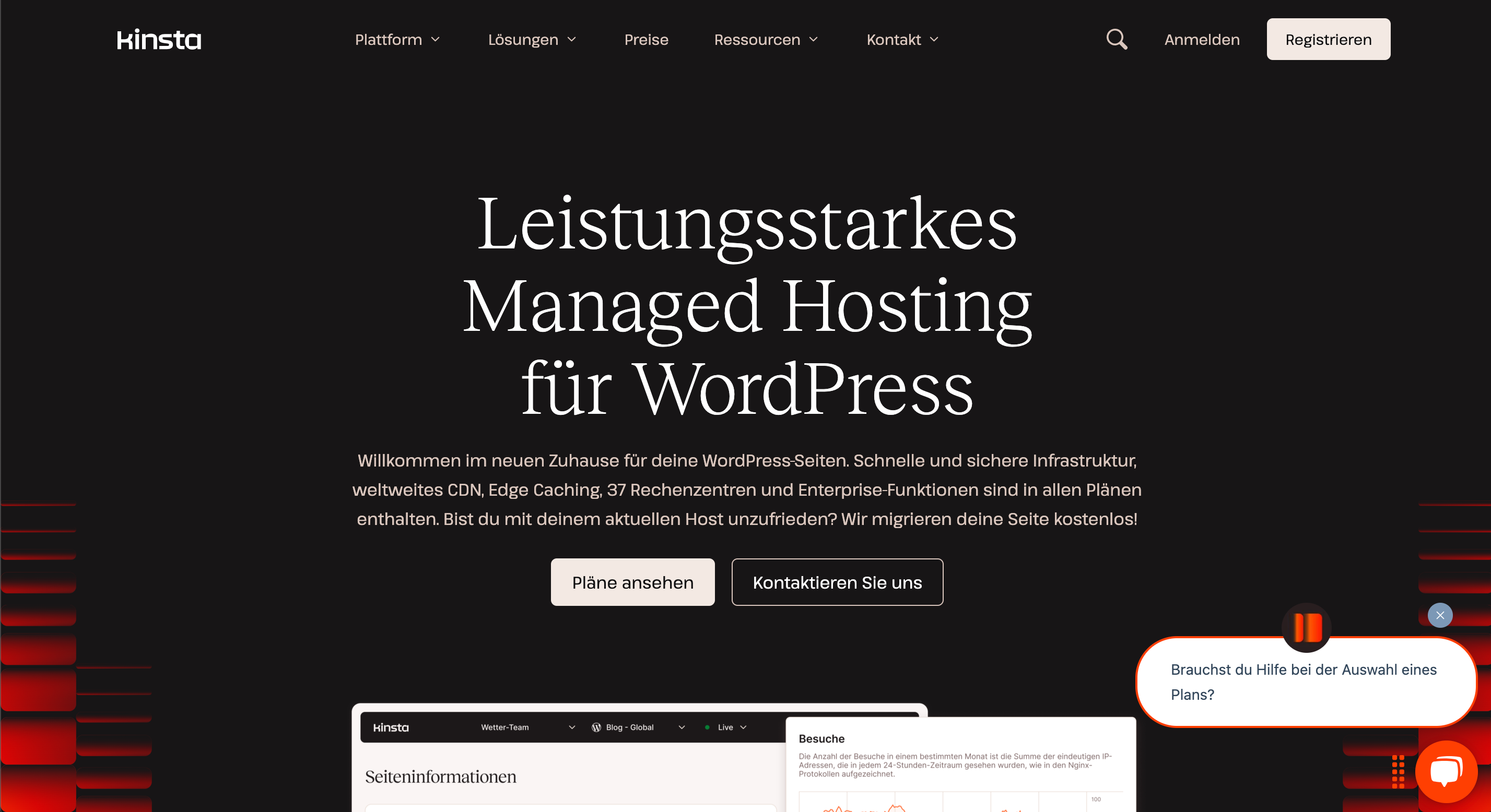 Screenshot der Kinsta Website