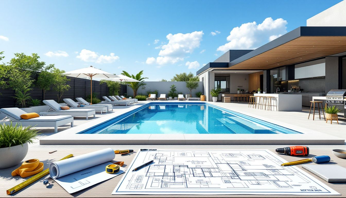 Planning for your fiberglass swimming pool with a blueprint and construction tools.