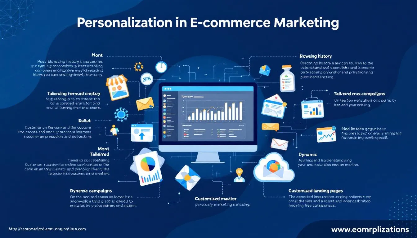 The image illustrates the concept of personalization in e-commerce marketing, showcasing various strategies such as targeted ads on social media platforms and email marketing campaigns aimed at enhancing customer satisfaction. It emphasizes the importance of understanding target audience behavior to effectively drive traffic to online stores and increase online sales.