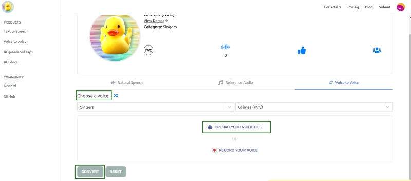 screenshot of voice to voice tool of uberduck ai
