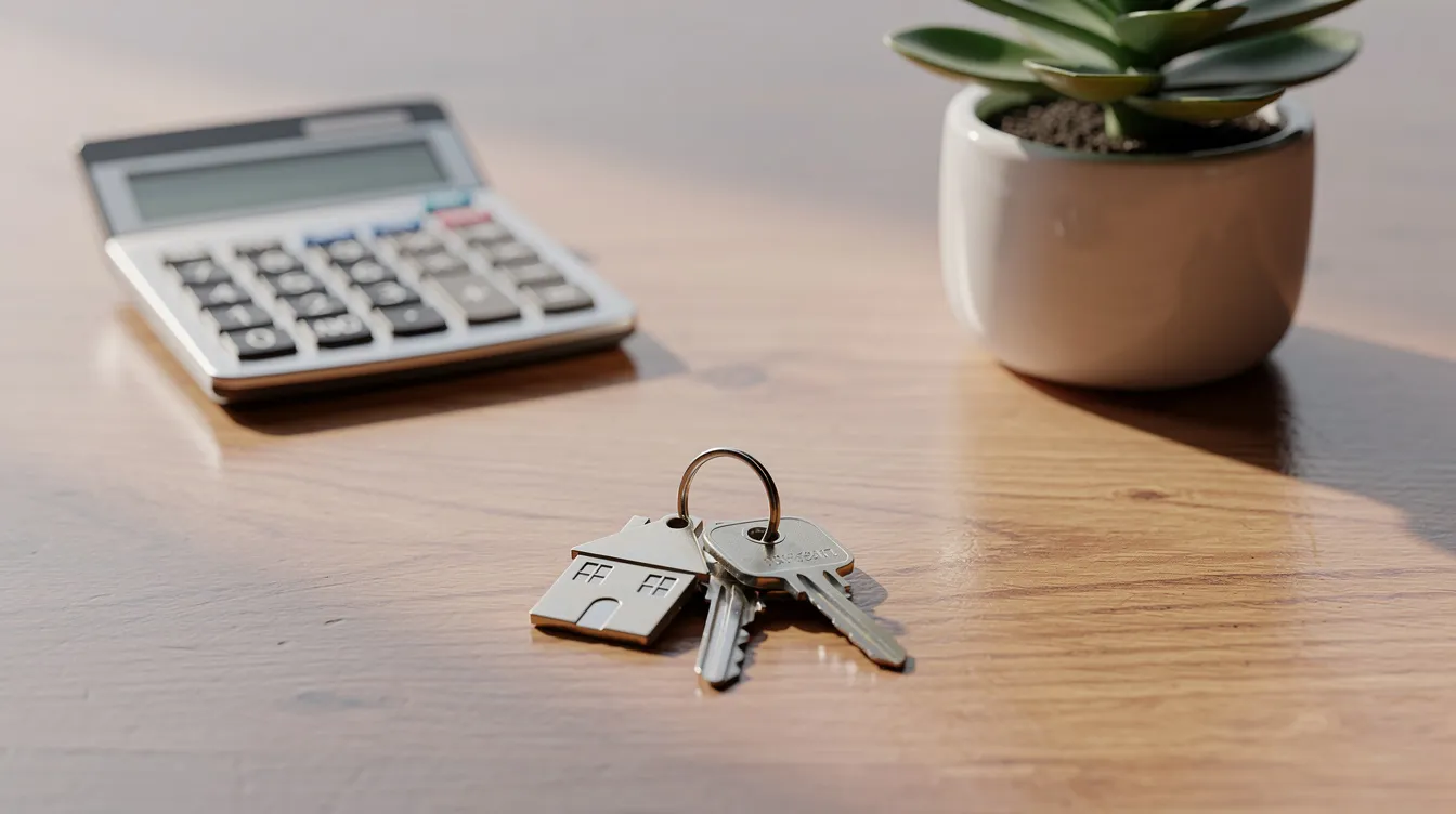 A set of house keys rests next to a calculator and a small potted plant on a wooden desk, symbolizing the financial considerations of homeownership, such as managing mortgage payments and leveraging home equity for investment purposes. The arrangement suggests a focus on financial stability and planning, possibly related to budgeting for home renovations or unexpected expenses.