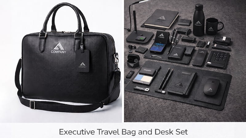 Executive travel bag and matching branded desk accessory set shown as a premium corporate gift for leaders and VIP clients