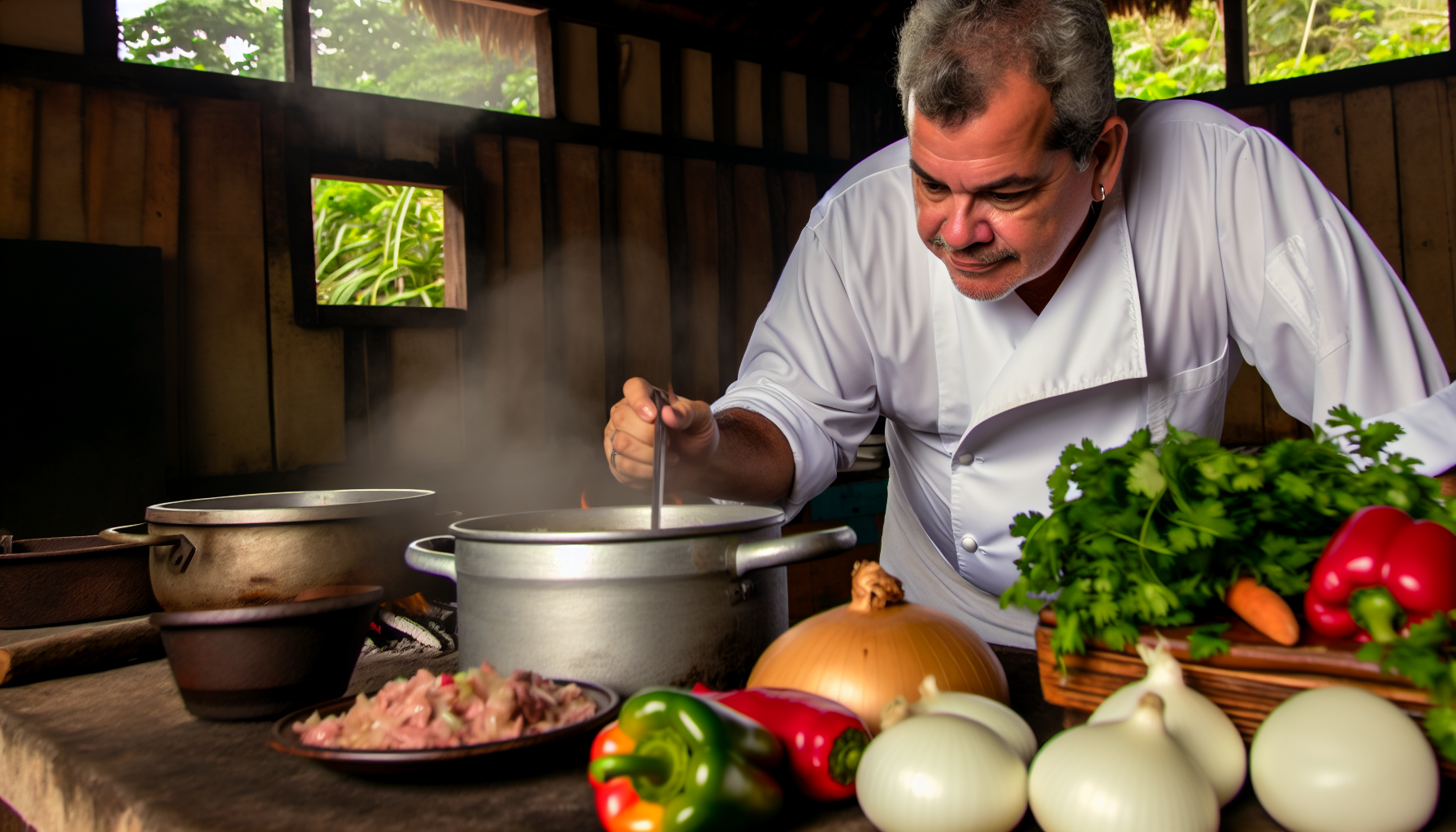A chef preparing Arroz Campesino in a traditional Costa Rican kitchen