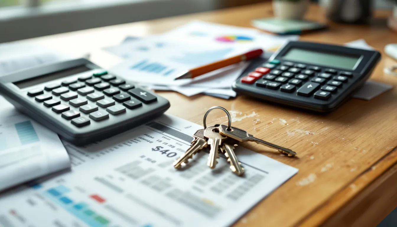 An Organized Desk Displays A Calculator Alongside Various Financial Documents And House Keys, Symbolizing The Closing Process Of A Real Estate Transaction. The Scene Captures The Essential Paperwork And Tools Needed For Navigating Closing Costs And Finalizing The Purchase Of A New Home.
