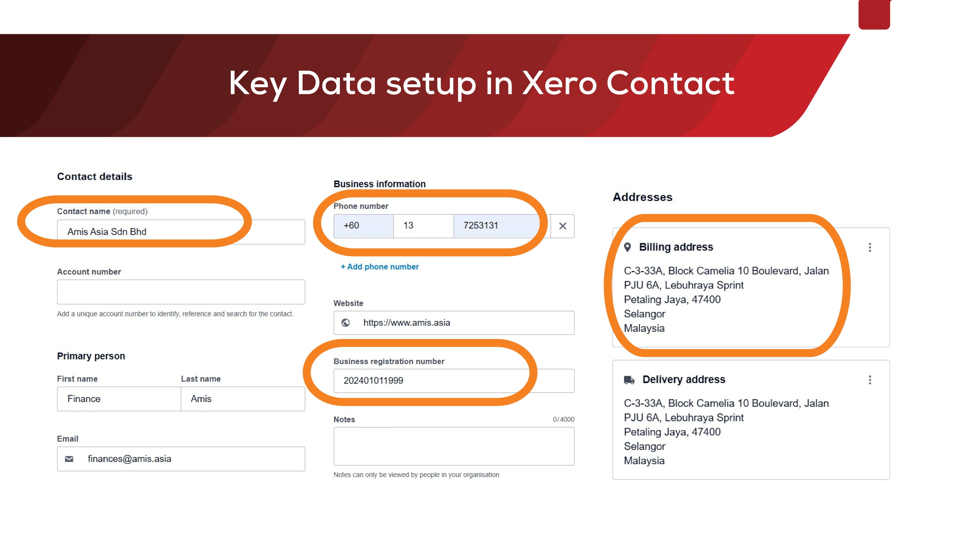 Xero E-Invoicing Malaysia 2026: Ultimate Guide - Setup, Compliance & Workflow 4 The image illustrates the part 1 of key data setup process in Xero's contact management, focusing on essential elements for e invoicing compliance in Malaysia. It highlights features such as the integration of tax identification numbers and the use of myinvois classification codes, which are crucial for businesses to streamline their invoicing processes and ensure compliance with Malaysia's tax administration management.