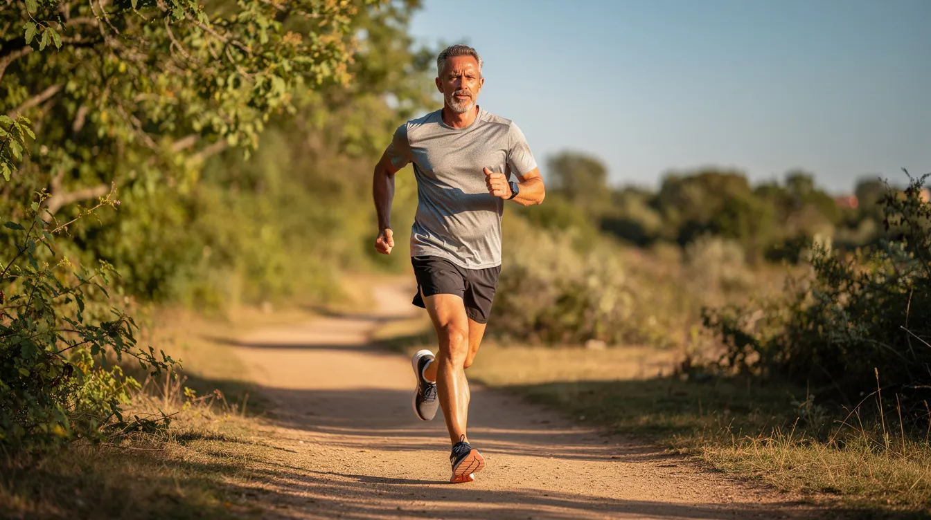 The image depicts a middle-aged man jogging on a sunny outdoor trail, showcasing an active lifestyle that supports overall health and fitness. Engaging in regular exercise like this can help increase testosterone levels, improve energy, and reduce belly fat, contributing to better body composition and athletic performance.
