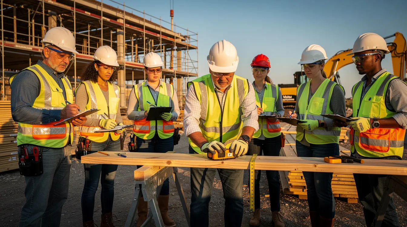 A group of construction apprentices and experienced workers is collaborating on a training exercise at an outdoor job site, highlighting the importance of workforce development in the construction industry. This scene illustrates the commitment to building a skilled labor pool to meet the demands of future infrastructure projects and address the ongoing construction labor shortage.