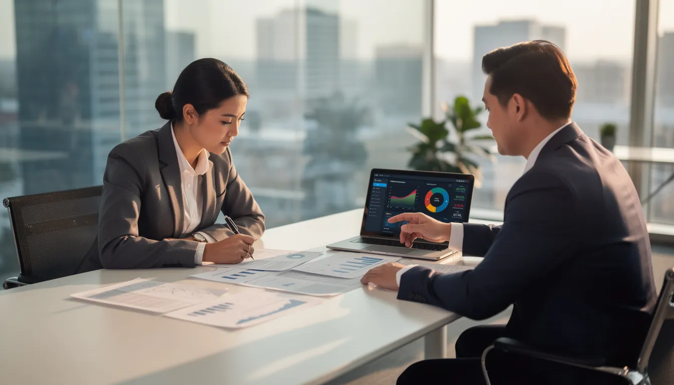 A business owner is sitting at a conference table, reviewing financial documents with a financial advisor. They are discussing strategies for personal and business investments, focusing on wealth management for business owners and planning for future financial success.