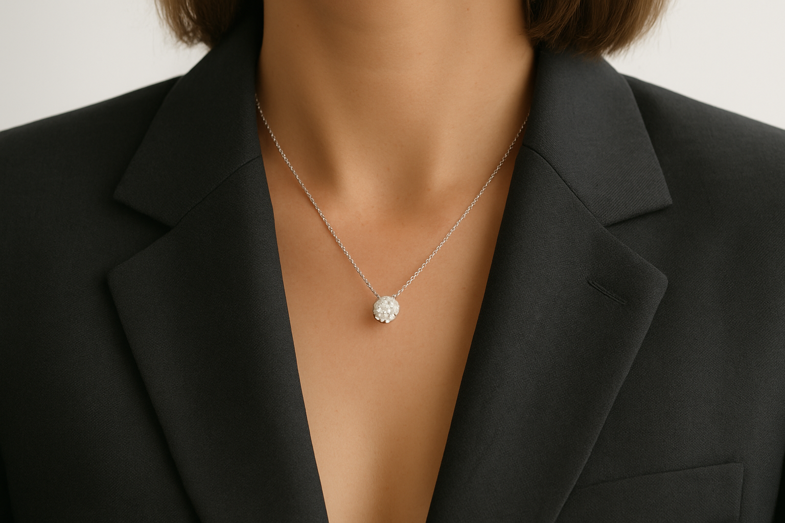 Ant stilingos moters kaklo segimas subtilus sidabrinės grandinėlės pakabukas su apvaliu briliantiniu deimantu