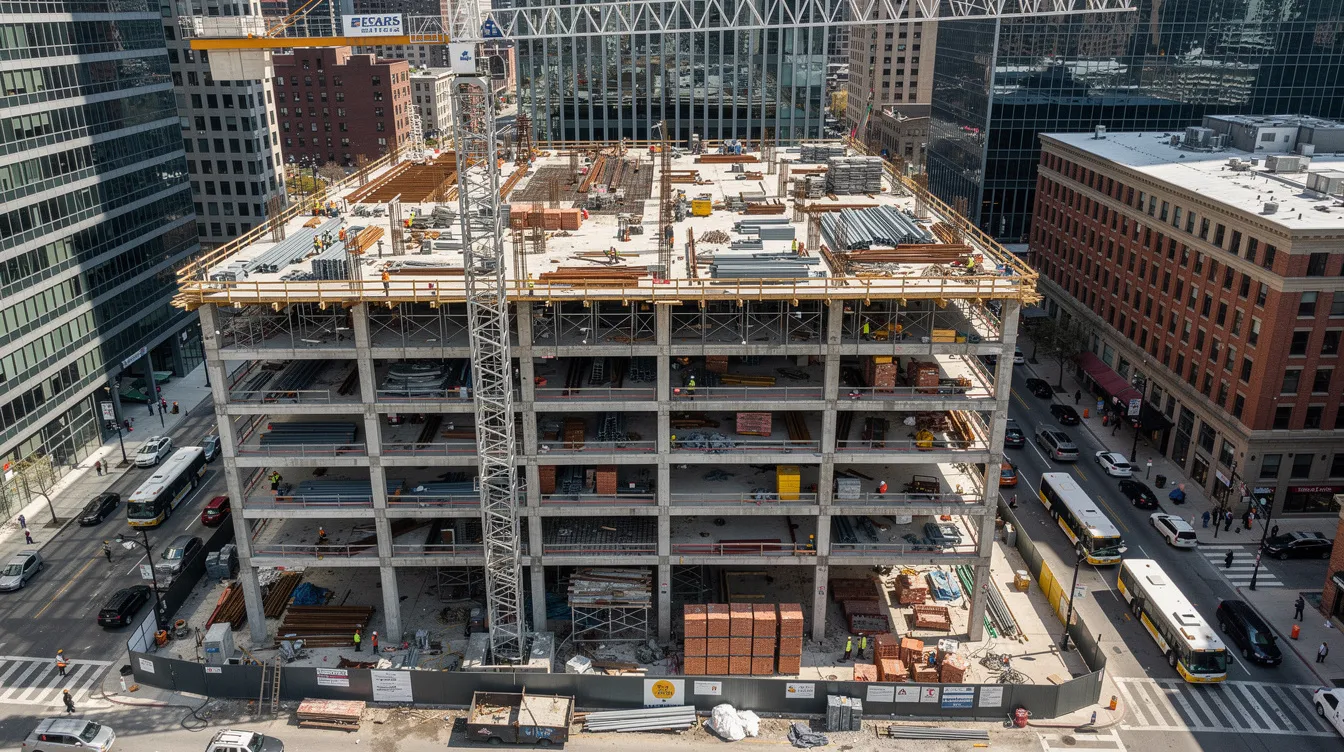 An aerial view of a mid-rise commercial building under construction in an urban area showcases the ongoing construction projects, with cranes and scaffolding visible. Project managers are likely tracking actual costs and material prices as the project progresses towards substantial completion.