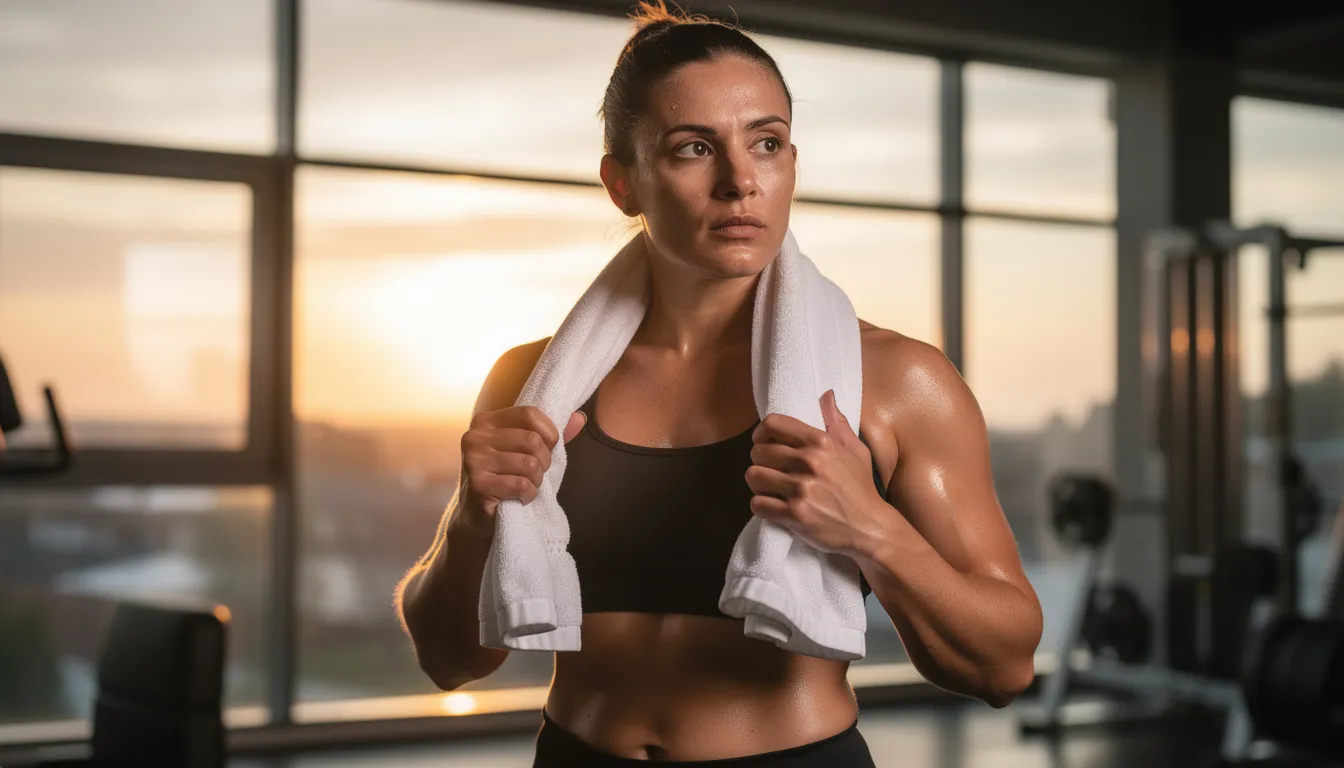 An athlete is cooling down after a tough workout, with a towel draped around their neck, indicating a focus on recovery. This moment highlights the importance of post workout sauna sessions for muscle recovery and enhanced blood circulation, promoting relaxation and overall well-being.