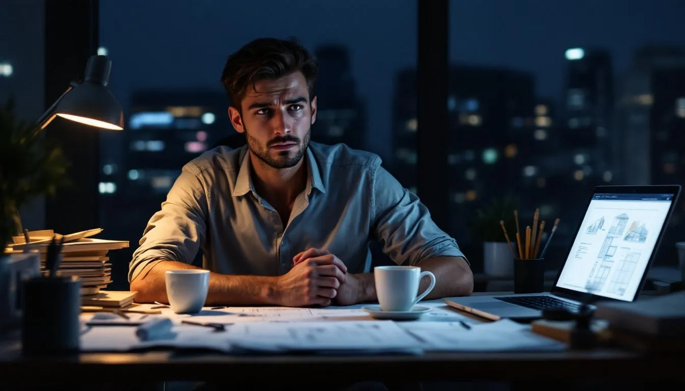 The image shows an exhausted young professional architect working late at night, surrounded by scattered papers and empty coffee cups on a cluttered desk, reflecting the overwhelming stress and burnout symptoms often experienced in a demanding job. This scene emphasizes the importance of a healthy work environment and the need for work-life balance to overcome feelings of being emotionally drained.