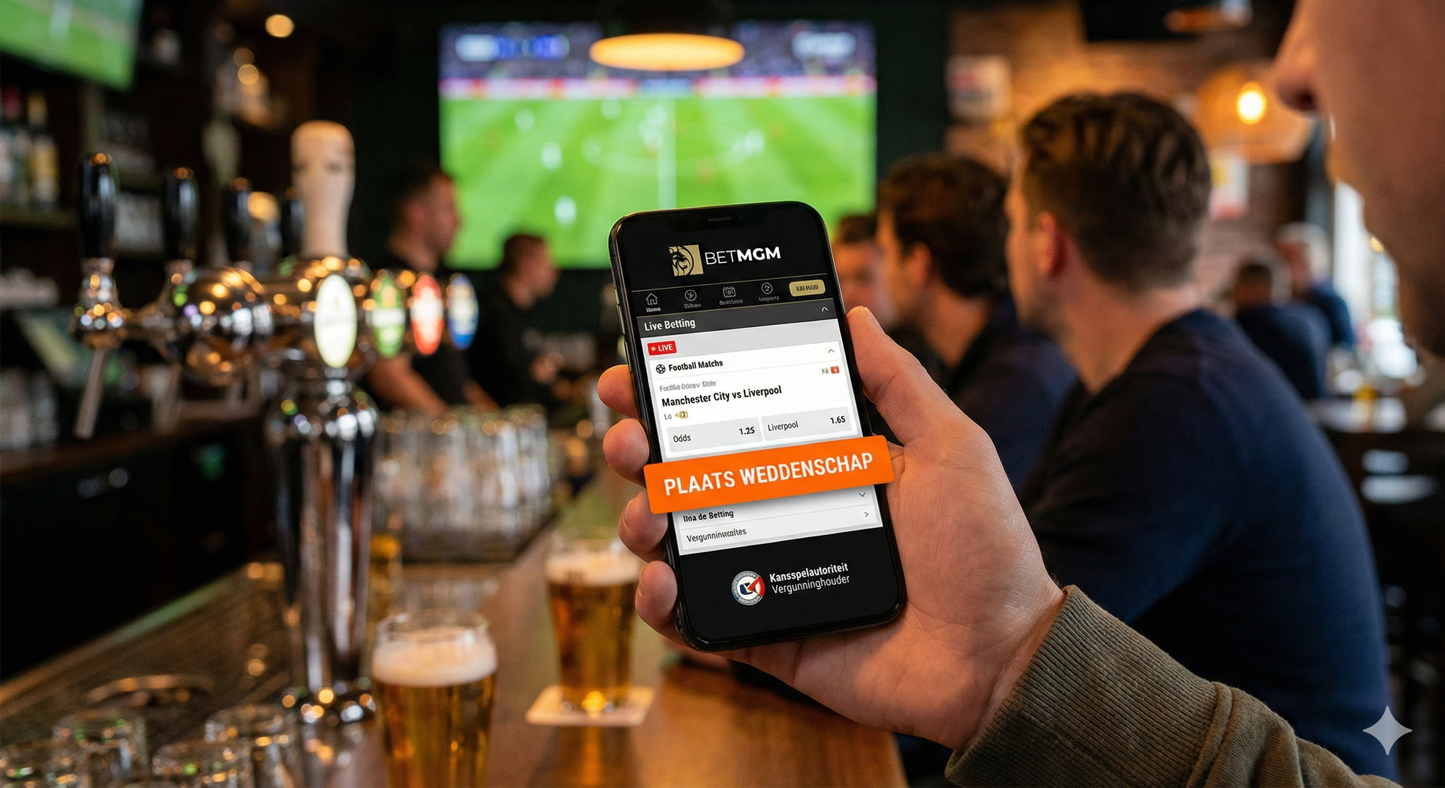 Persoon plaatst live sportweddenschap via BetMGM-app in een bar.