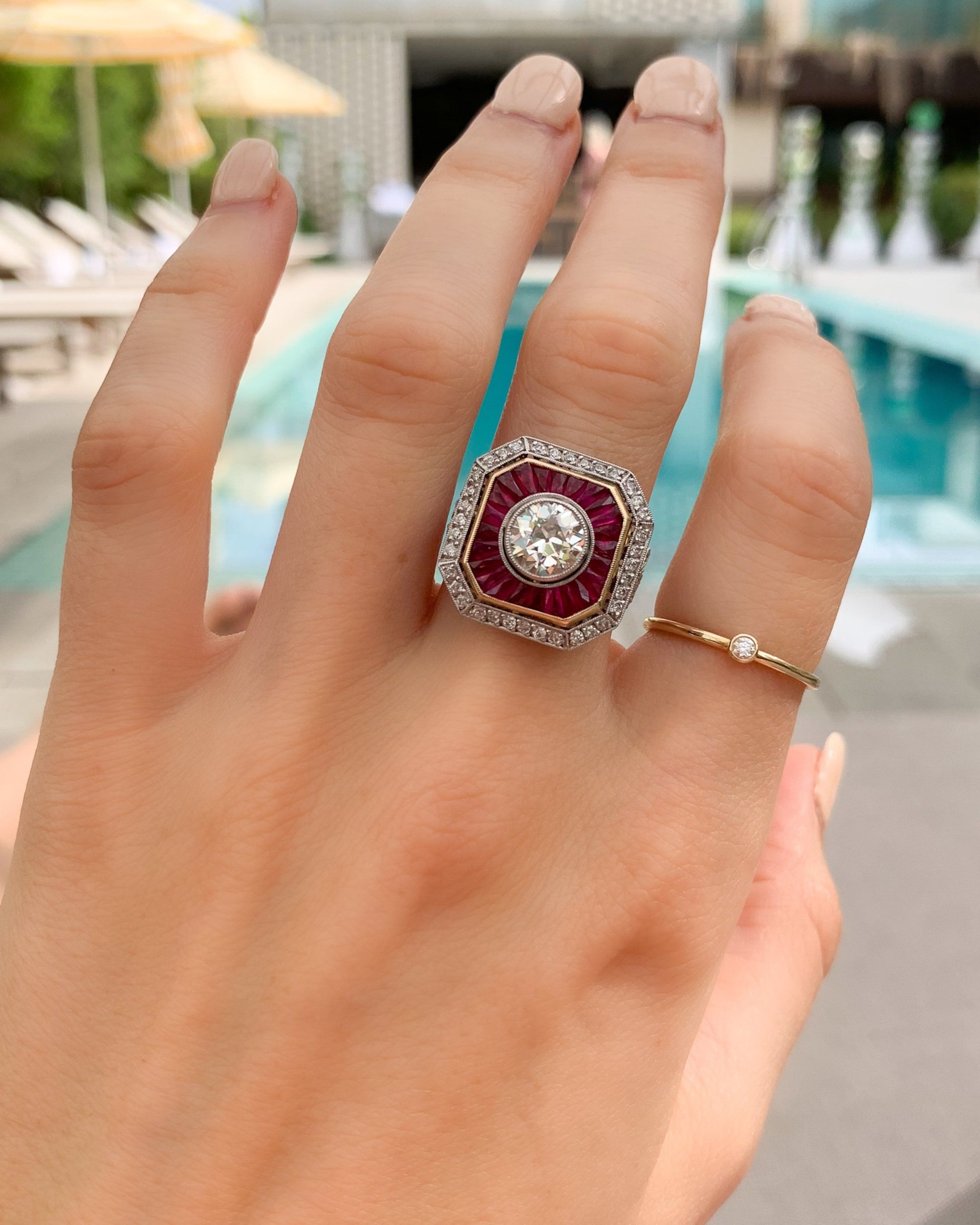 Vintage Ruby And Diamond Two Tone Art Deco Halo Setting