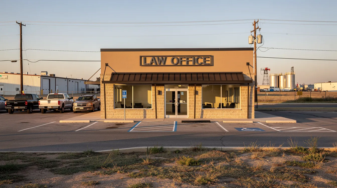 The image depicts the exterior of a professional law office located in an industrial area of Baytown, Texas, featuring a parking lot for clients. This law firm specializes in truck accident cases, providing legal representation for accident victims and ensuring they receive maximum compensation for their injuries and losses.