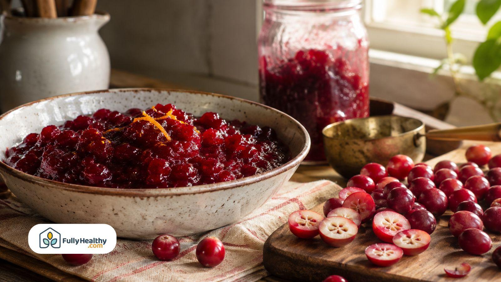 Homemade cranberry sauce beside sliced fresh cranberries showing seeds
