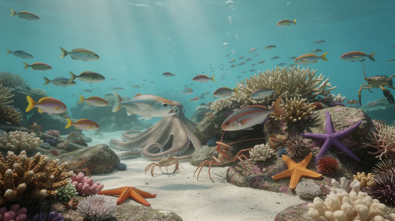 The image depicts a vibrant marine environment featuring a variety of aquatic creatures, including both freshwater fish like salmon and catfish, as well as invertebrates such as jellyfish and sea cucumbers. This diverse scene highlights the rich animal kingdom, showcasing different species of fish alongside other marine organisms, emphasizing the intricate ecology of the ocean.