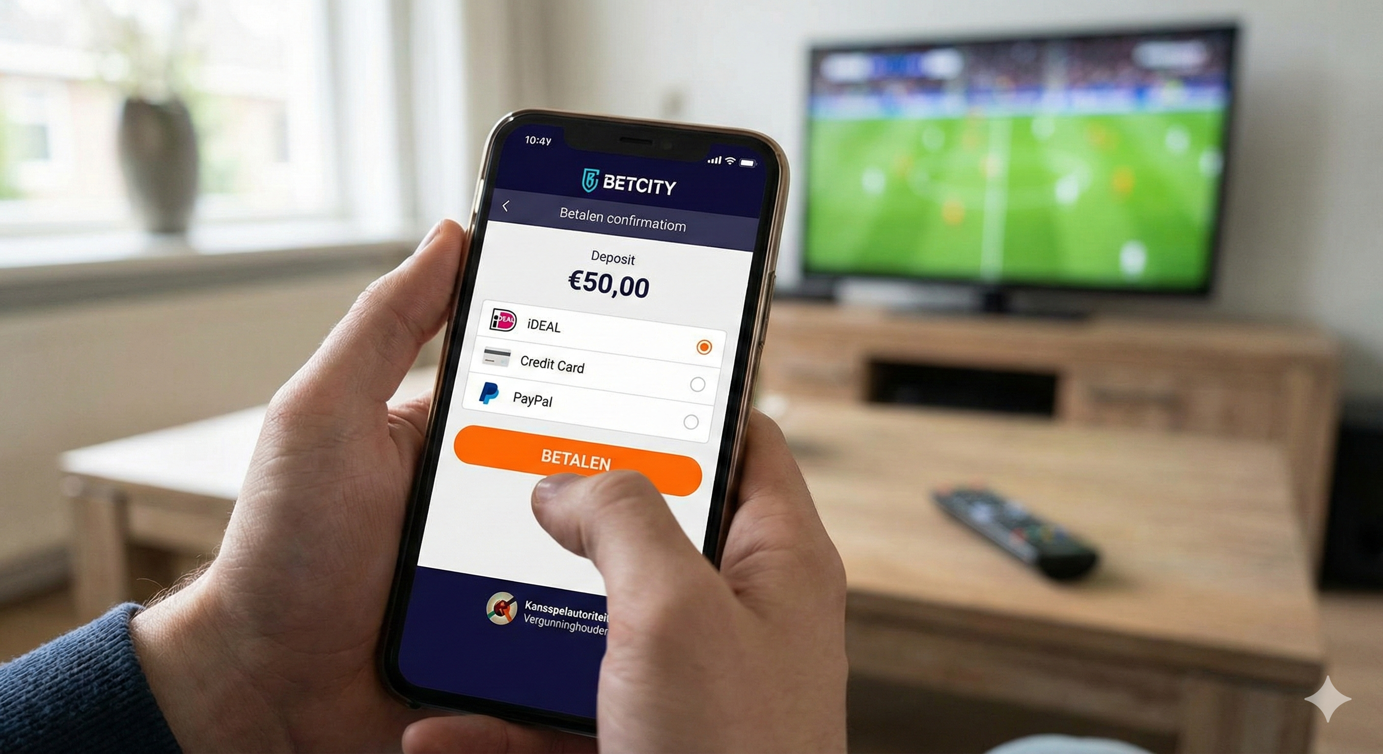 Persoon stort €50 via BetCity-app op smartphone terwijl voetbal op tv speelt.