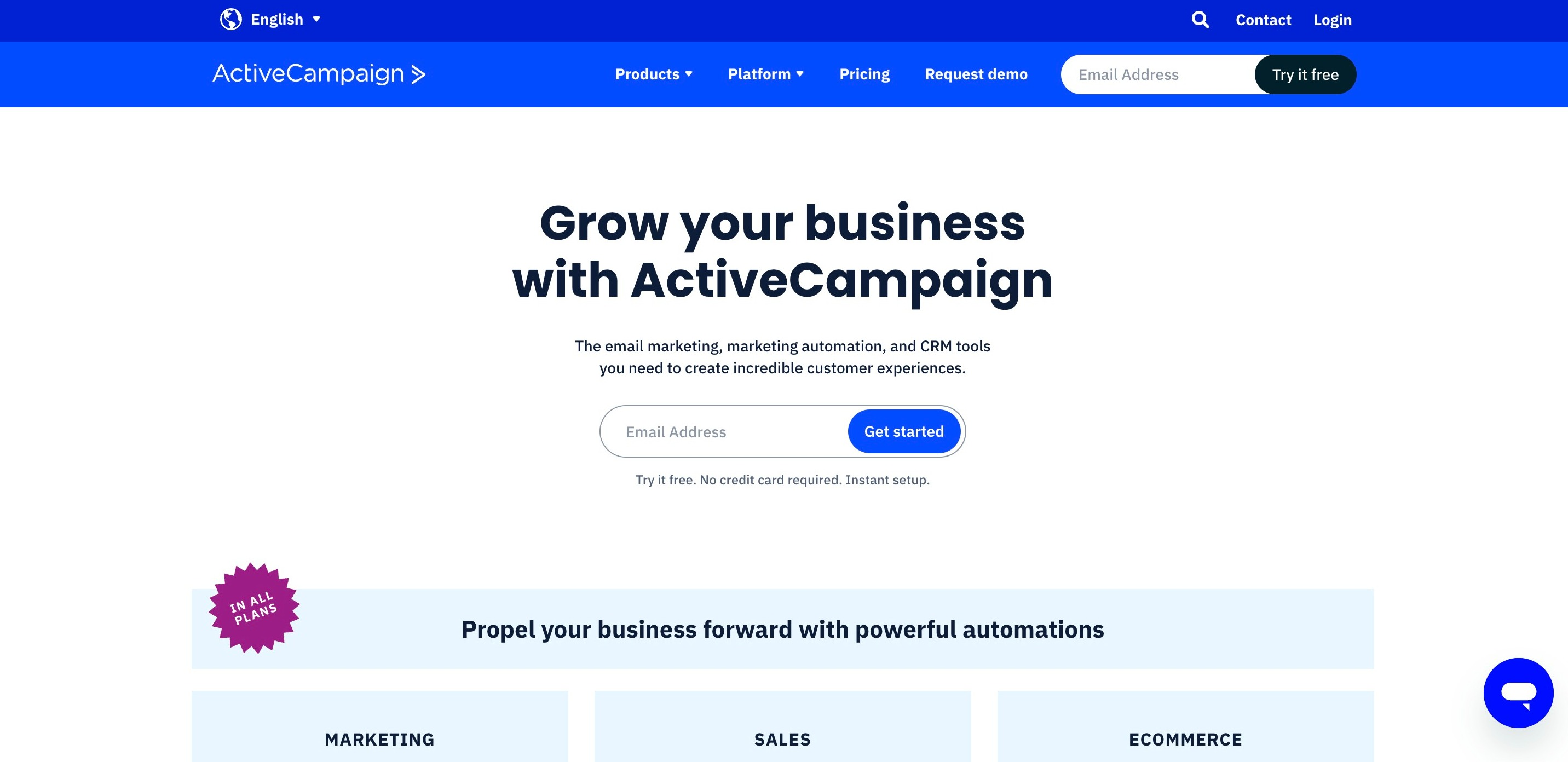 ActiveCampaign vs Mailchimp: Overview, screenshot of ActiveCampaign's homepage.