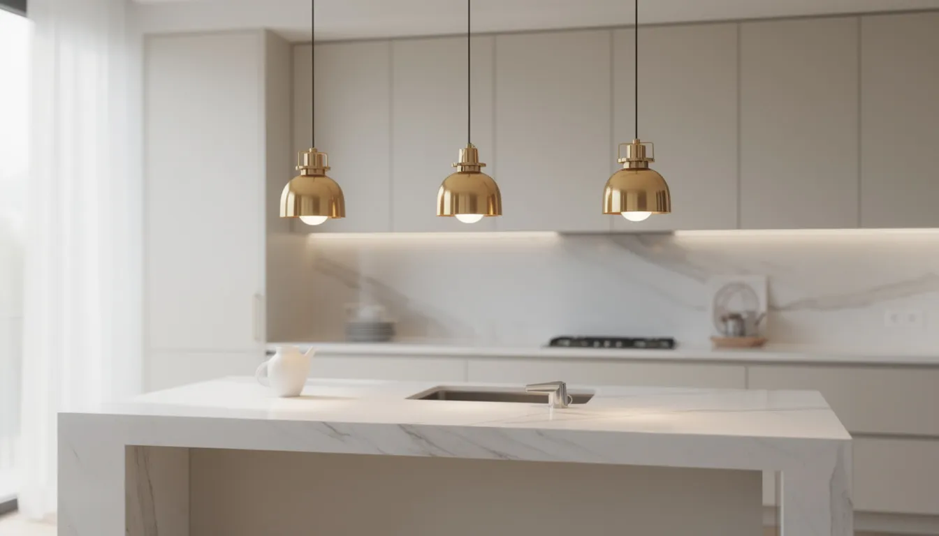 Tre små hängande lampor i mässing hänger elegant över en köksö i vit marmor, vilket skapar en modern och stilren atmosfär. Lamporna ger riktat ljus och bidrar till rummets stämning.