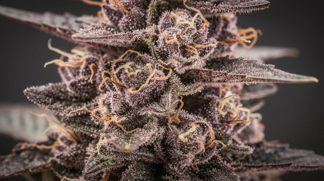 A close-up image showcases dense cannabis buds in rich purple and green hues, adorned with frosty white trichomes and vibrant orange pistils, highlighting the bag appeal of this indica dominant hybrid. The visual suggests a sweet aroma reminiscent of blueberry muffins, inviting consumers to experience its calming effects and delicious flavor.