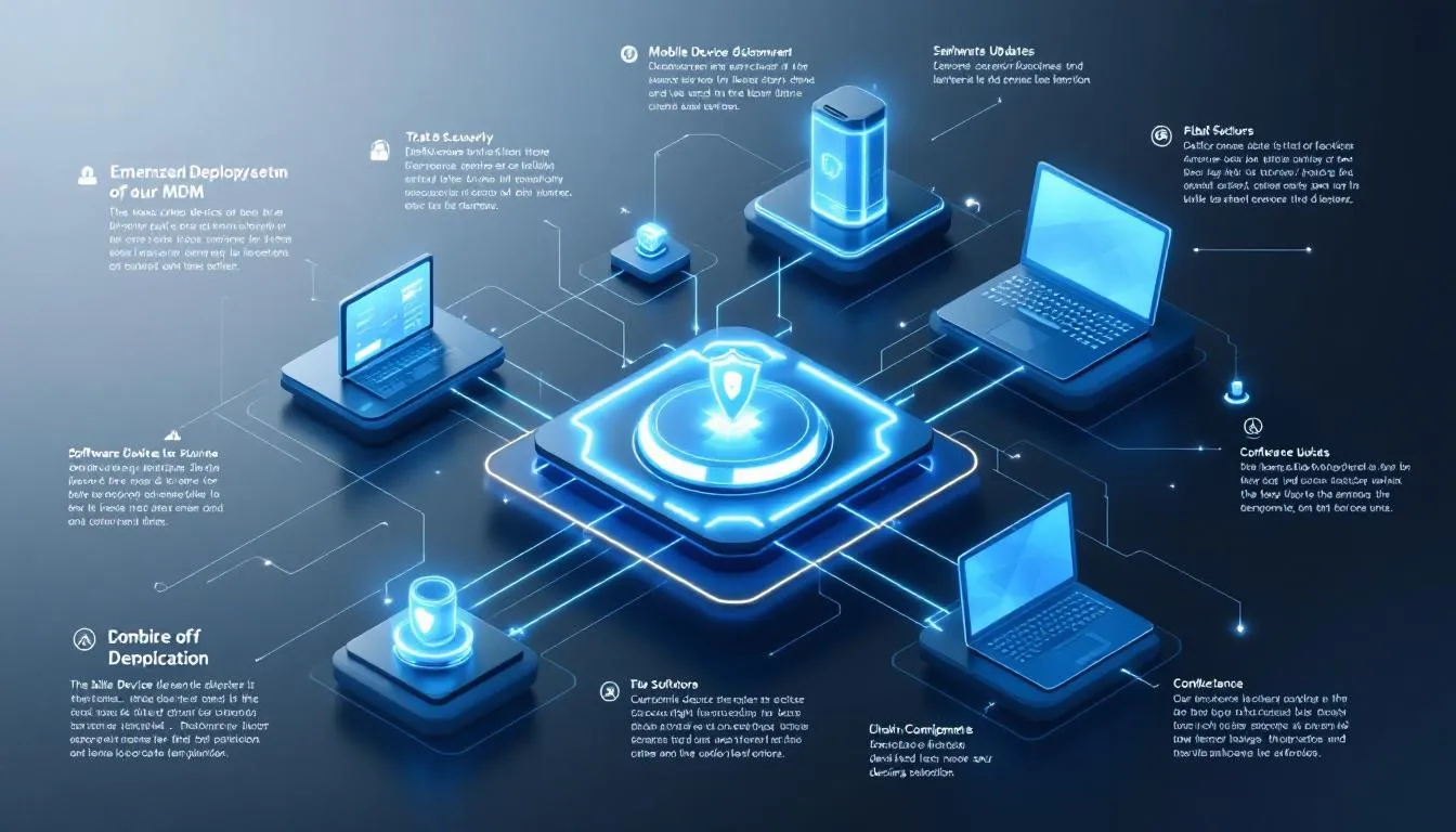 Une image repr&eacute;sentant la mise en place d'une solution MDM avec diff&eacute;rents appareils mobiles.