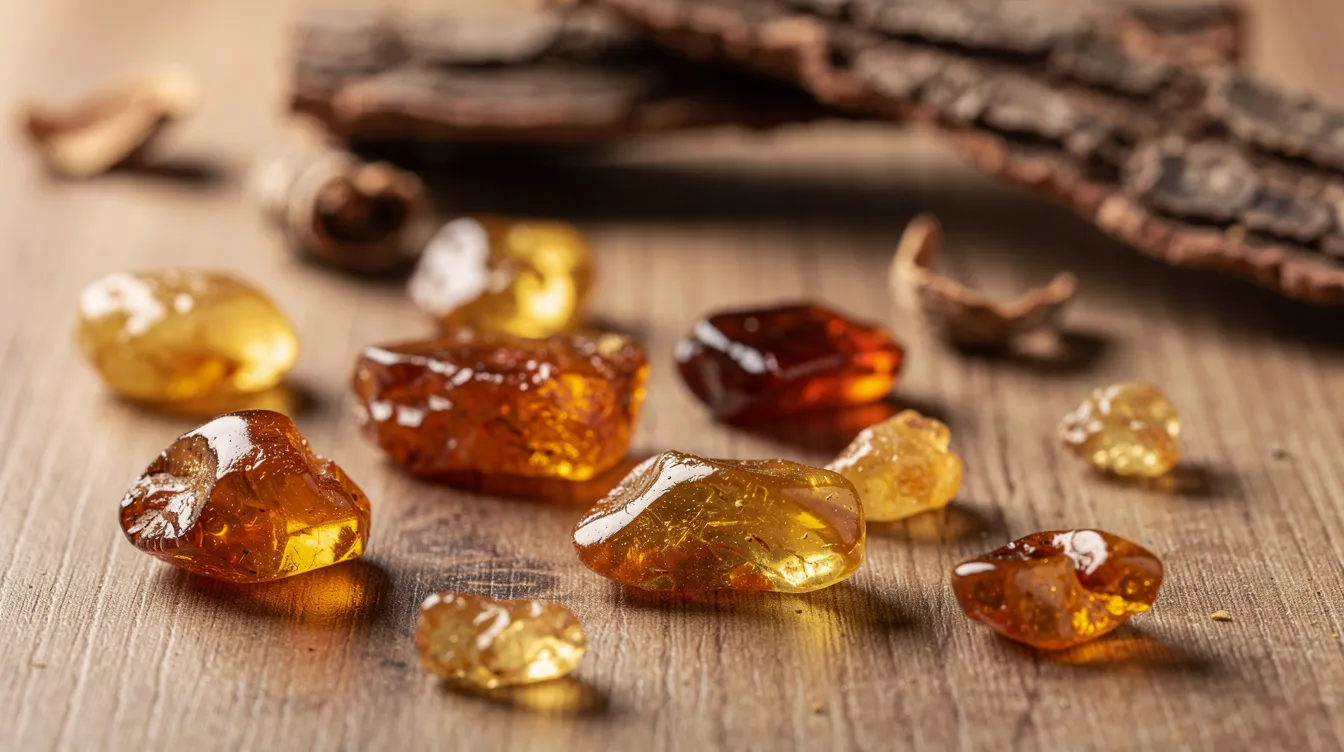 The image features a close-up of golden amber Boswellia resin pieces resting on a wooden surface, with dried bark softly blurred in the background. This natural resin is often used in herbal medicine for its potential to soothe sore stiff joints and support joint health in pets, particularly arthritic dogs.