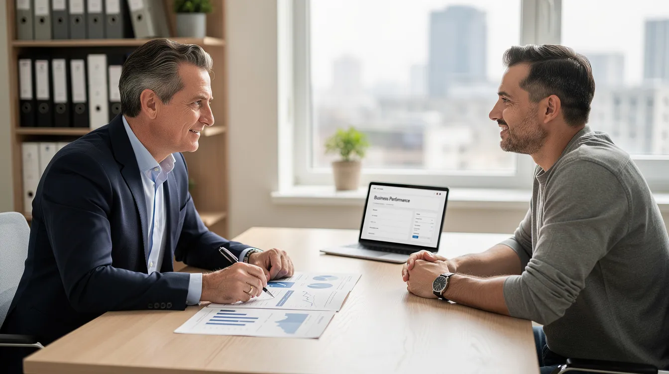 3bb28a83 dd9b 49b2 a2ec 05be9c277cba The image depicts a professional advisor seated at a desk in an office, engaging in a consultation with a small business owner regarding loan applications, possibly discussing the Pradhan Mantri Mudra Yojana and its requirements. Both individuals appear focused and are reviewing documents related to the loan process, emphasizing the importance of eligibility and interest details for potential borrowers.