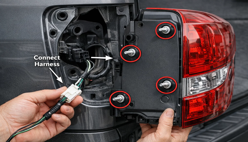 Installing new tail light assembly with wiring harness and gasket in place