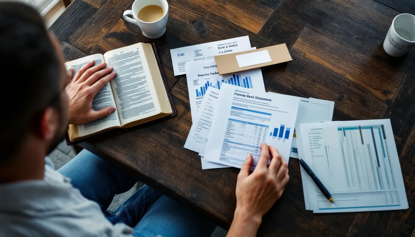 A person sits at a table, deeply engaged in reading the Bible, while financial documents are spread out around them, symbolizing the intersection of faith and practical stewardship. This scene reflects a pursuit of financial breakthrough through God's word, invoking the promise of blessings from the Lord Almighty.